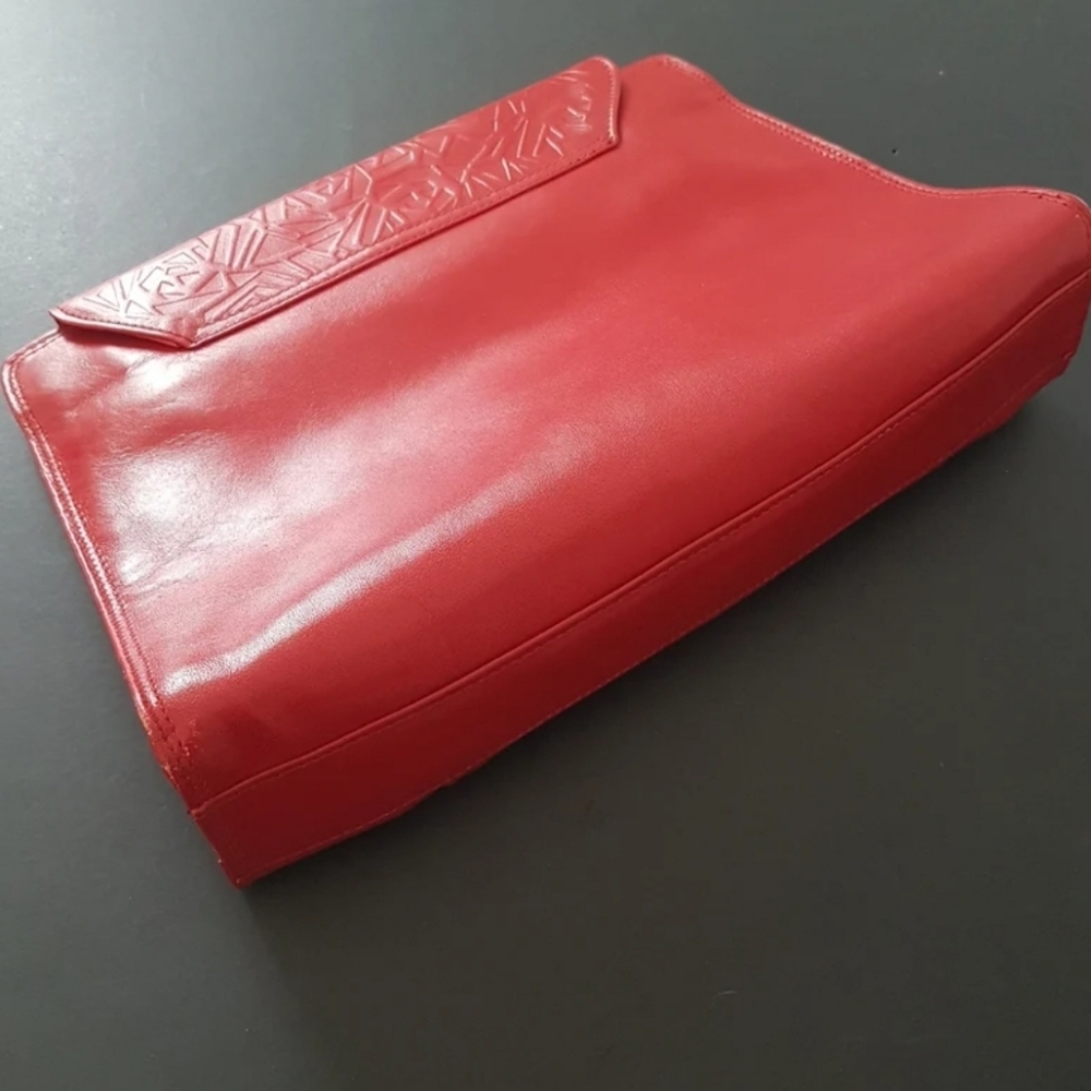 Italian Red Leather Shoulder Bag with Removable Strap - Convertible Clutch Purse - Picture 8 of 10
